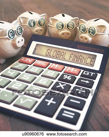 Calculator with global finance and piggy banks View Large Photo Image Stock Photograph - Calculator with global finance and piggy banks. Fotosearch