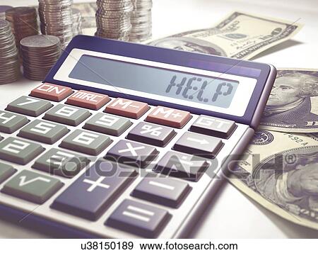 Stock Photo - Calculator with help and cash. Fotosearch