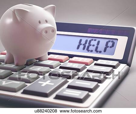 Stock Photo - Calculator with help and piggy bank. Fotosearch