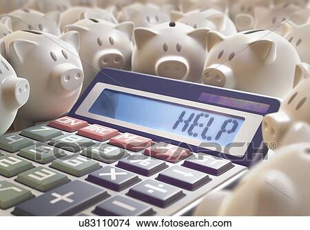 Picture - Calculator with help and piggy banks. Fotosearch