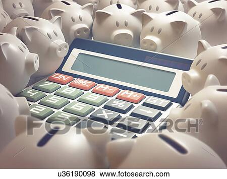 Stock Photo - Calculator with help and piggy banks. Fotosearch