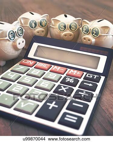 Picture - Calculator with piggy banks and dollar symbols. Fotosearch