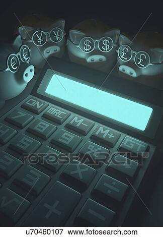 Stock Photo - Calculator with piggy banks and dollar symbols. Fotosearch