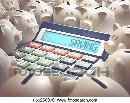 Stock Image - Calculator with saving and piggy bank. Fotosearch