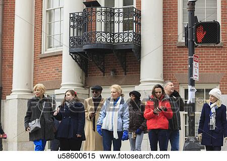 Stock Photography - Crowd waiting to cross Tremont Street, USA. Fotosearch