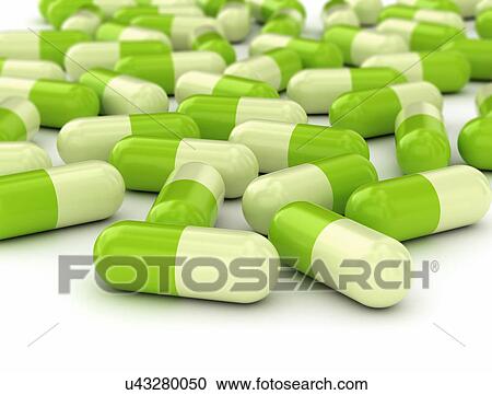Stock Image - Green and white capsules. Fotosearch