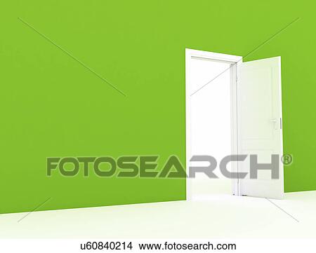 Picture - Green wall with white open door. Fotosearch