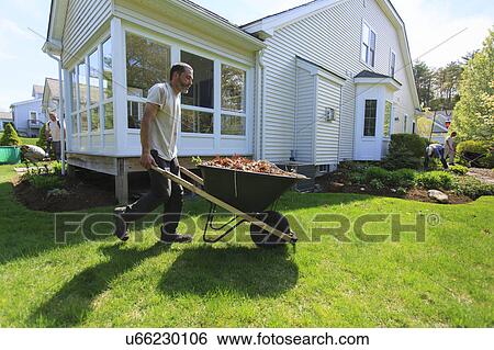 Stock Photograph - Landscapers at work in garden. Fotosearch