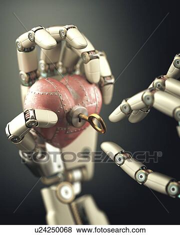 Stock Photo - Mechanical hand with key in metal heart. Fotosearch