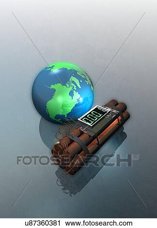 Stock Image - Planet earth and dynamite. Fotosearch