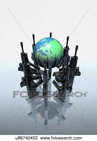 Stock Image - Planet earth and weapons. Fotosearch