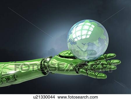 Picture - Robotic hand holding globe. Fotosearch