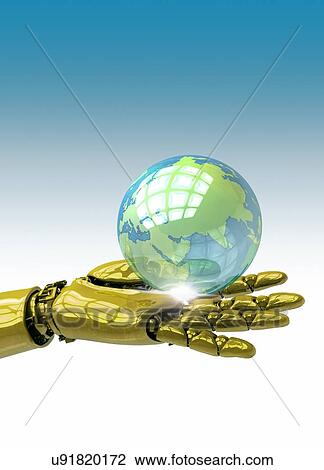 Robotic hand holding globe View Large Photo Image Stock Image - Robotic hand holding globe. Fotosearch