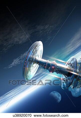 Stock Image - Space craft and planets. Fotosearch
