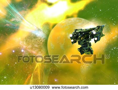 Stock Photo - Space craft and yellow planet. Fotosearch
