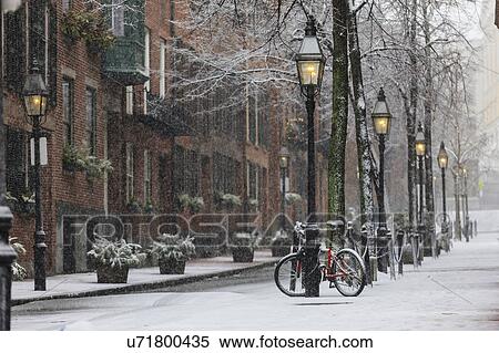 Stock Photography - Street view after blizzard in Boston, USA. Fotosearch