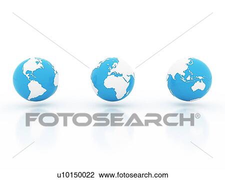 Stock Image - Three blue and white globes. Fotosearch