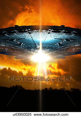 Stock Photography - UFO against orange sky. Fotosearch