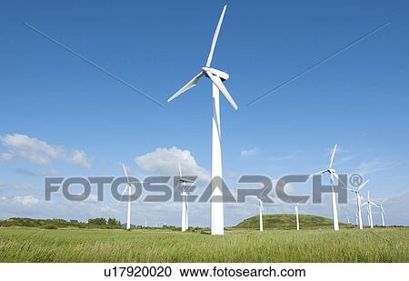 Stock Image - Wind turbines in field. Fotosearch