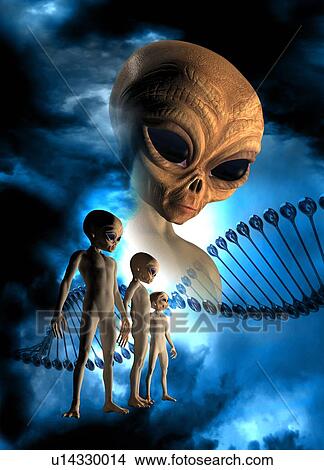 Picture - Aliens and dna strand. Fotosearch