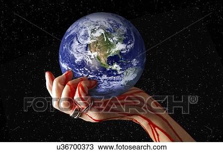Bleeding hand holding planet earth View Large Photo Image Stock Image - Bleeding hand holding planet earth. Fotosearch
