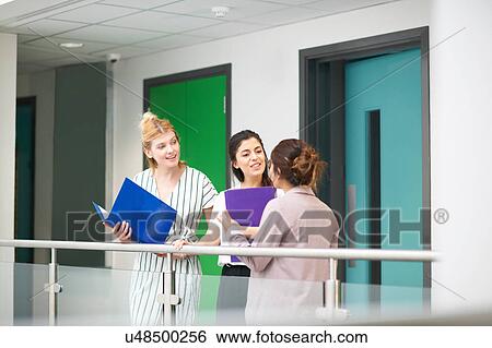 Colleagues with paperwork in files in office building View Large Photo Image Stock Photograph - Colleagues with paperwork in files in office building. Fotosearch