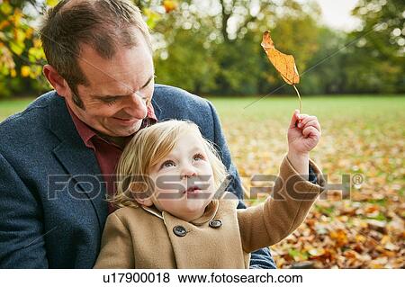 Stock Photo - Daughter sitting on father's lap holding autumn leaf. Fotosearch