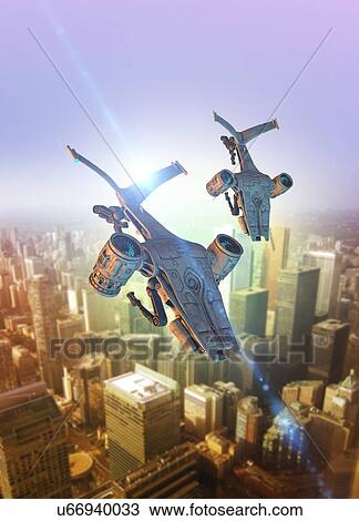 Stock Image - Drones flying over futuristic city. Fotosearch