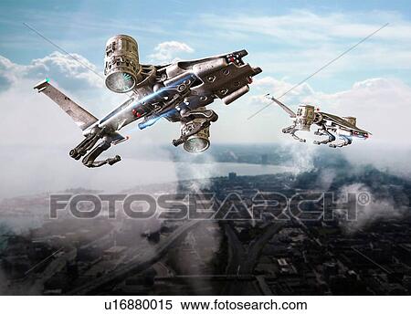 Drones flying over futuristic city View Large Photo Image Stock Photography - Drones flying over futuristic city. Fotosearch