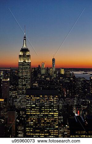 Stock Image - Elevated view of Empire State Building at night, New York City, USA. Fotosearch