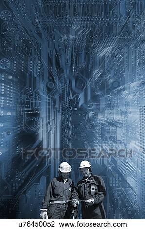 Stock Image - Engineers and circuit boards. Fotosearch