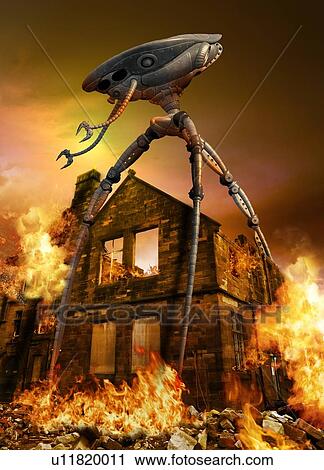 Futuristic space craft destroying building View Large Photo Image Stock Image - Futuristic space craft destroying building. Fotosearch