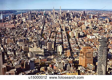 Stock Image - High angle cityscape from One World Trade Observatory, New York City, USA. Fotosearch