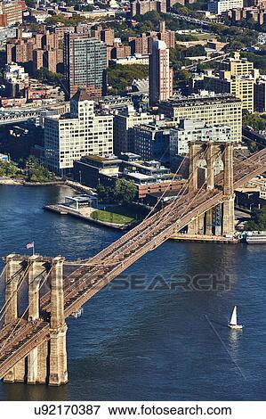 Stock Photo - High angle view of Brooklyn Bridge from One World Trade Observatory, New York City, USA. Fotosearch