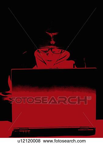 Stock Photo - Hooded figure hacking laptop computer. Fotosearch