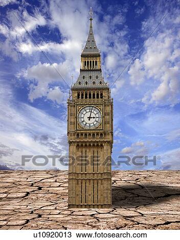 Stock Image - Houses of parliament and cracked earth. Fotosearch