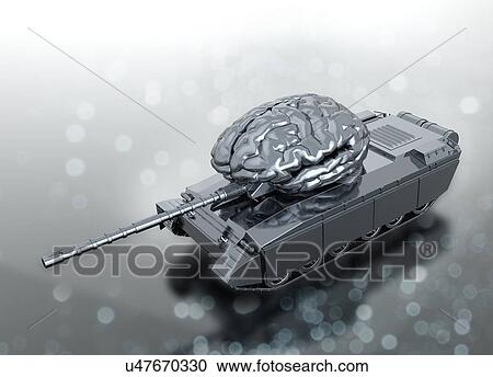 Stock Image - Human brain on army tank. Fotosearch
