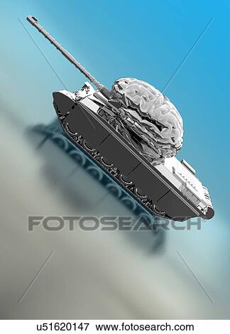 Stock Photo - Human brain on army tank. Fotosearch