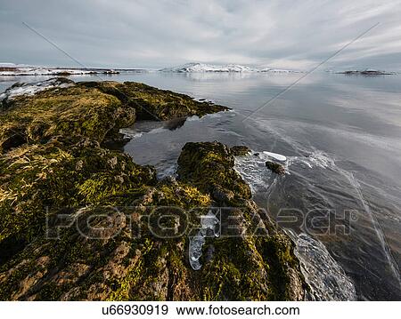 Stock Photo - Ice on lake rocks at water's edge, Thingvallavatn, Iceland. Fotosearch