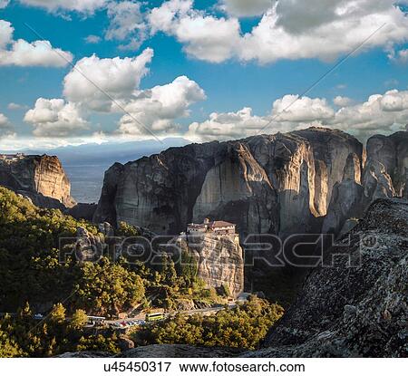 Stock Photo - Landscape view of Roussanou Monastery on top of rock formation, Meteora, Thassaly, Greece. Fotosearch