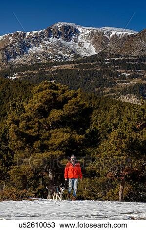 Stock Image - Man walking dog in snow covered mountain landscape. Fotosearch
