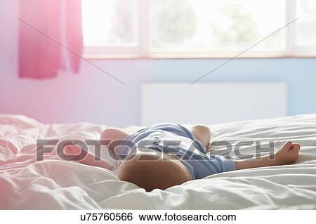 Rear view of baby boy lying on bed asleep View Large Photo Image Stock Photograph - Rear view of baby boy lying on bed asleep. Fotosearch