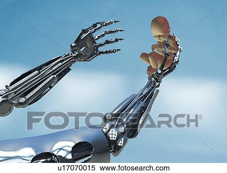 Stock Photography - Robot holding human baby. Fotosearch