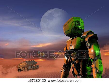 Stock Image - Robot on planet surface. Fotosearch