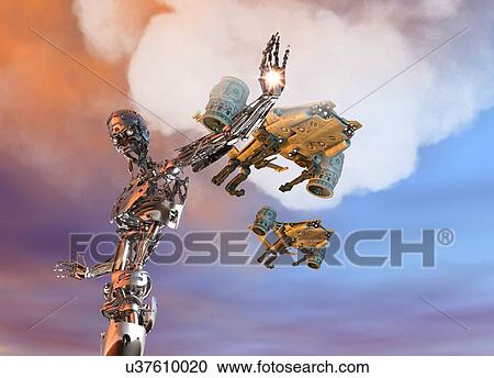 Stock Image - Robotic figure and flying vehicles. Fotosearch