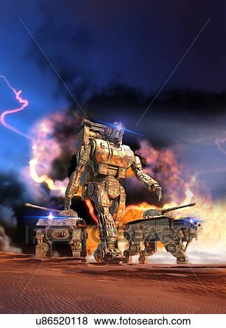Stock Photo - Robotic figure and vehicles. Fotosearch