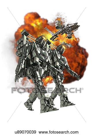 Stock Photo - Robotic soldiers with ball of fire. Fotosearch
