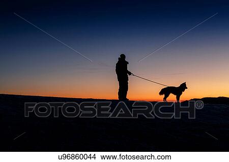 Silhouetted side view of man and dog standing on hill horizon at night View Large Photo Image Picture - Silhouetted side view of man and dog standing on hill horizon at night. Fotosearch
