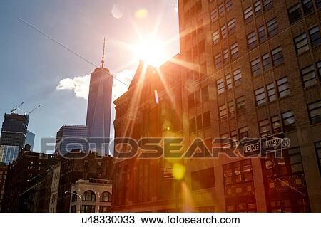Stock Image - Sunlit view of One World Trade Centre, New York City, USA. Fotosearch