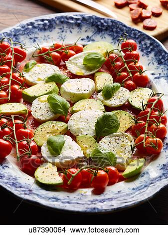 Tomatoes, avocado, mozzarella and basil on plate, elevated view View Large Photo Image Picture - Tomatoes, avocado, mozzarella and basil on plate, elevated view. Fotosearch